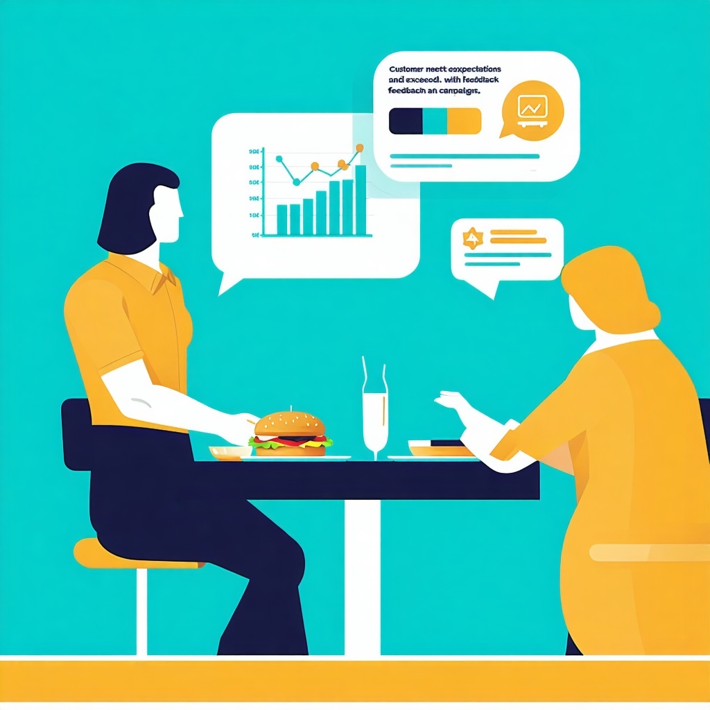 Restaurant customer meet and exceed expectations with feedback outreach promotions and customer campaigns results graph and people in the image-1
